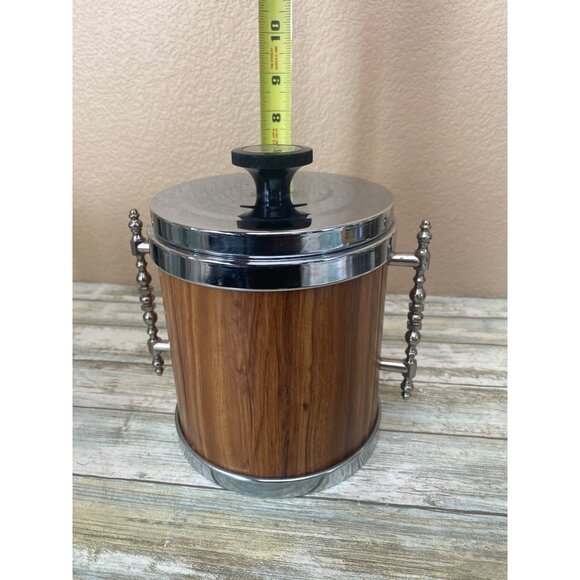 Mid Century M Taka Japan Ice Bucket Teak-Tone Woodgrain Chrome Lid Retro Barware - Picture 13 of 13
